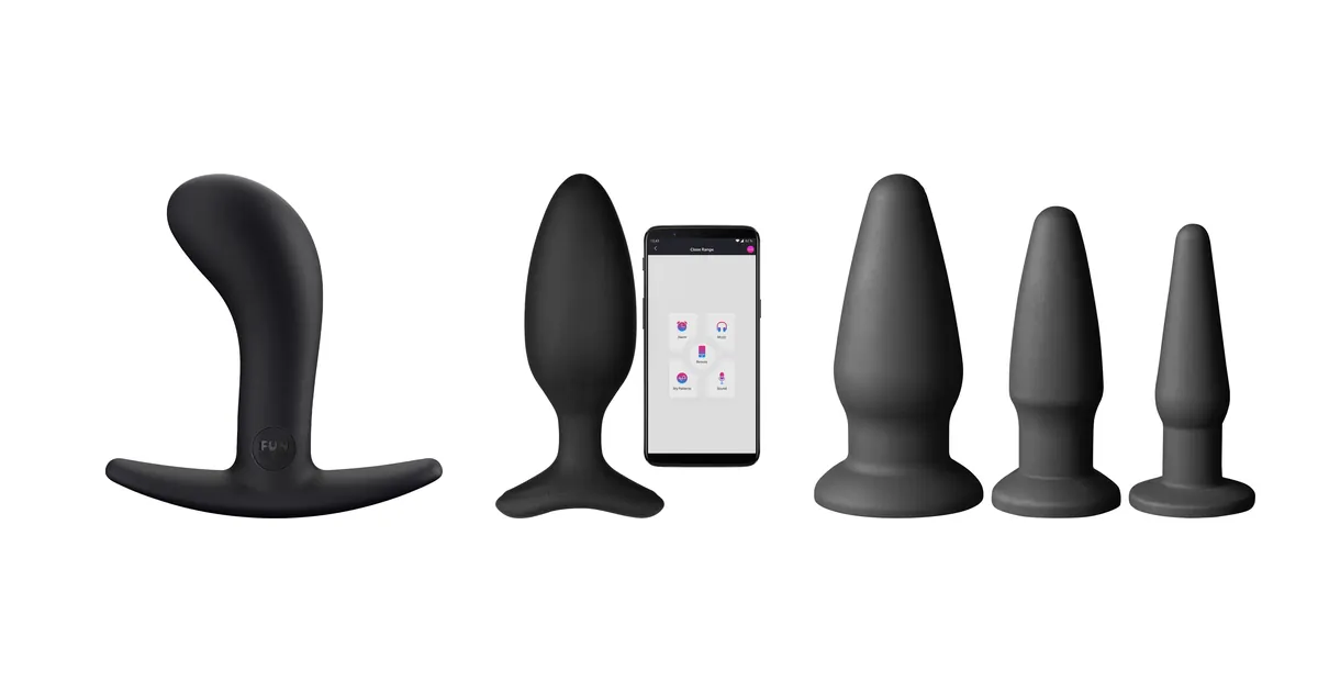 Jämförelse analpluggar: Fun Factory Bootie Medium, Lovense Hush 2 (medium) och Sinful träningsset för analplugg i silikon i produktfoton