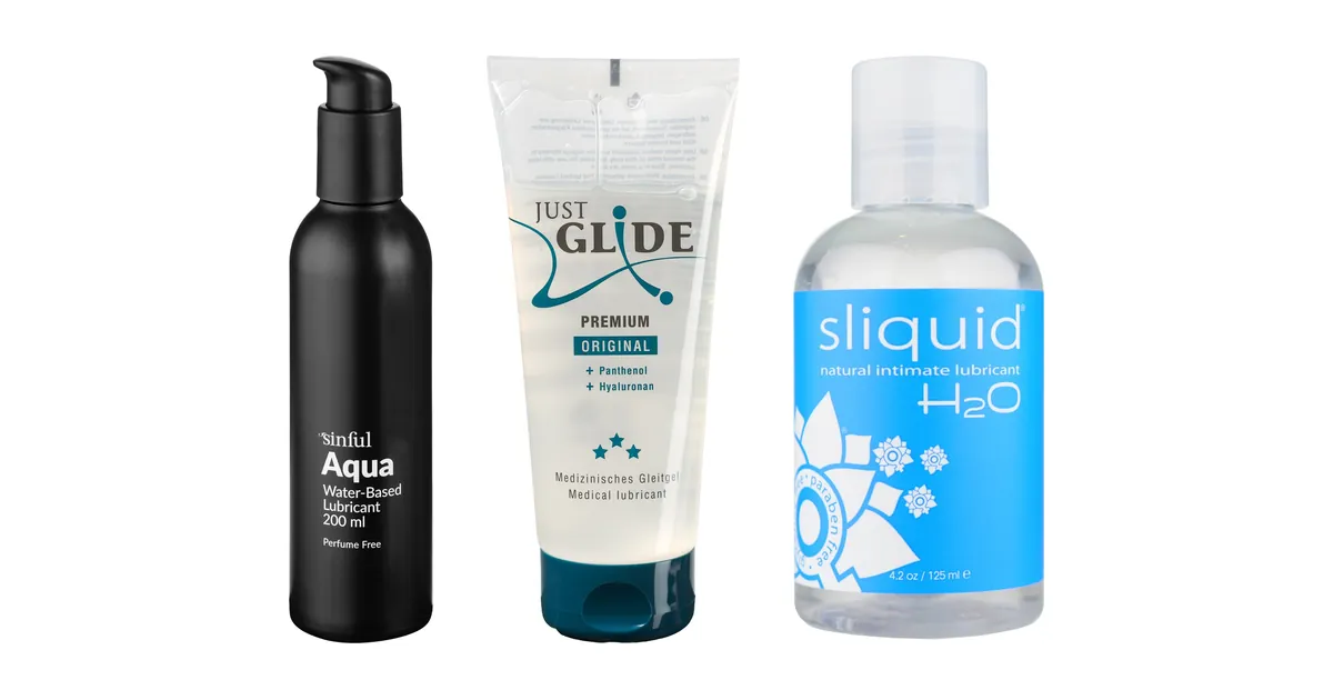 Jämförelse glidmedel: Sinful Aqua vattenbaserat glidmedel 200 ml, Just Glide Premium Original glidmedel (hyaluronsyra/pantenol) 200 ml och Sliquid H2O vattenbaserat glidmedel 125 ml i produktfoton