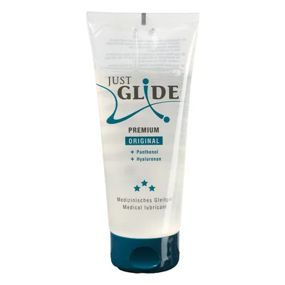 Glidmedel test: Just Glide Premium Original glidmedel (hyaluronsyra/pantenol) 200 ml på vit bakgrund